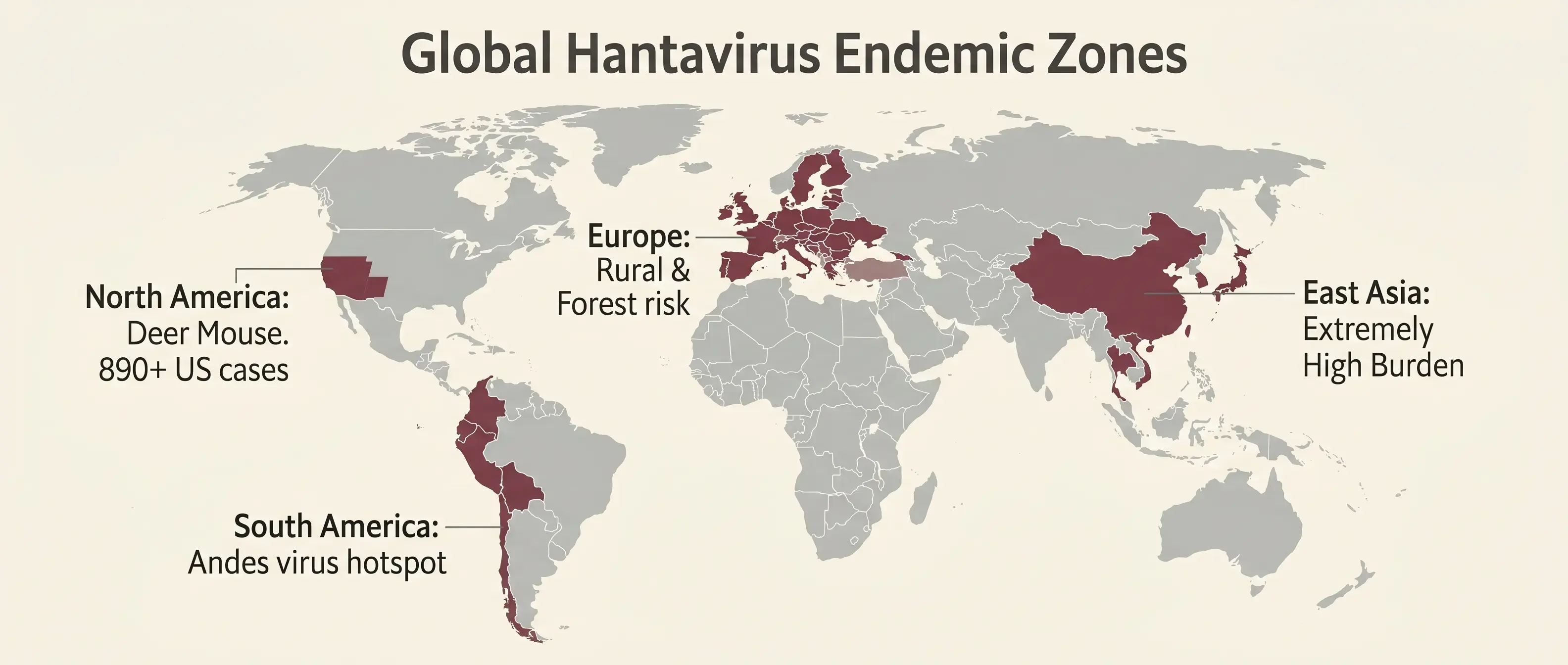 Hantavirus endemic regions map showing global distribution across North America, South America, Europe and East Asia — where rodent hosts carrying hantavirus are found worldwide