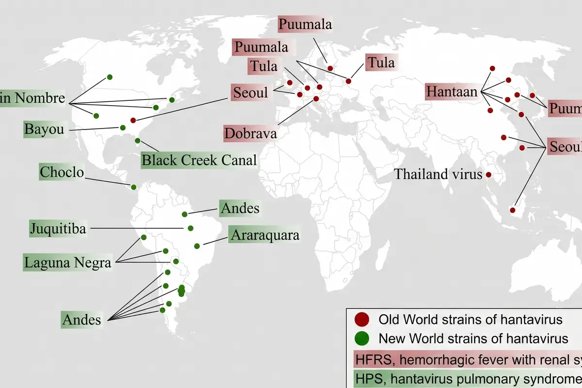 Hantavirus map showing global spread of the 2026 outbreak across 8+ countries — interactive hantavirus distribution map tracking confirmed cases and endemic regions worldwide